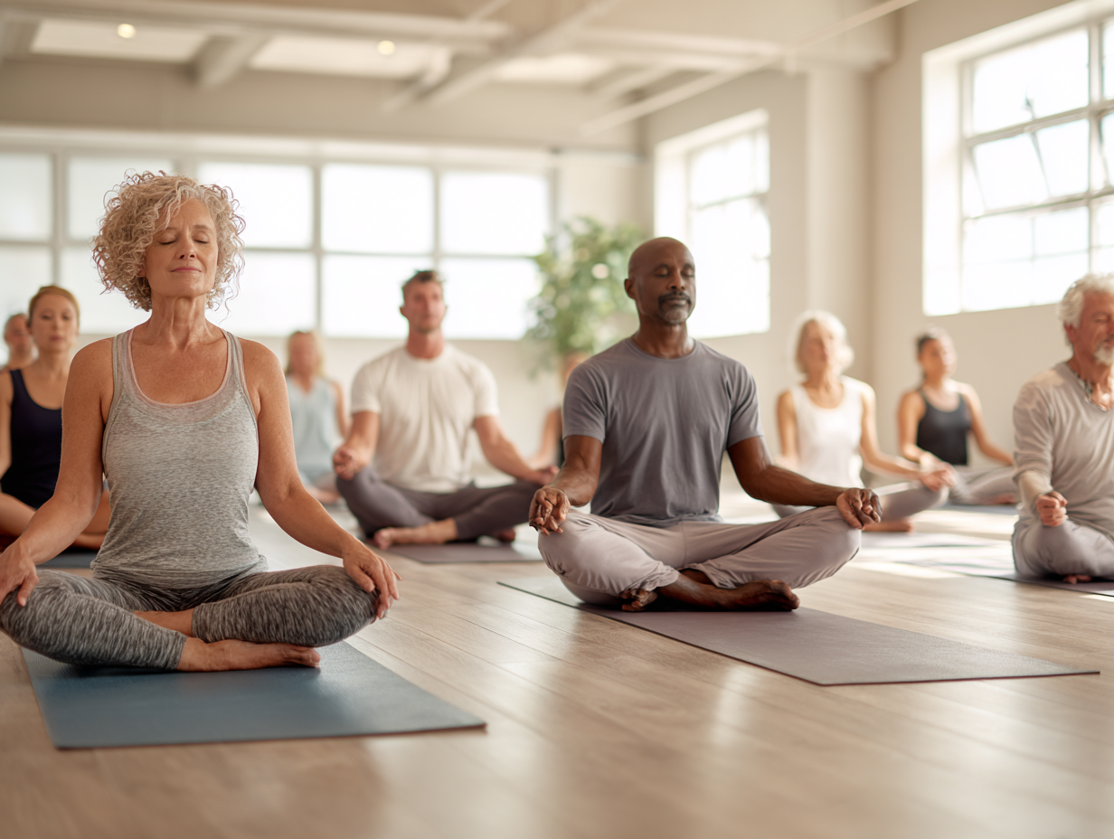 Persoane de diferite vârste practicând yoga în natură